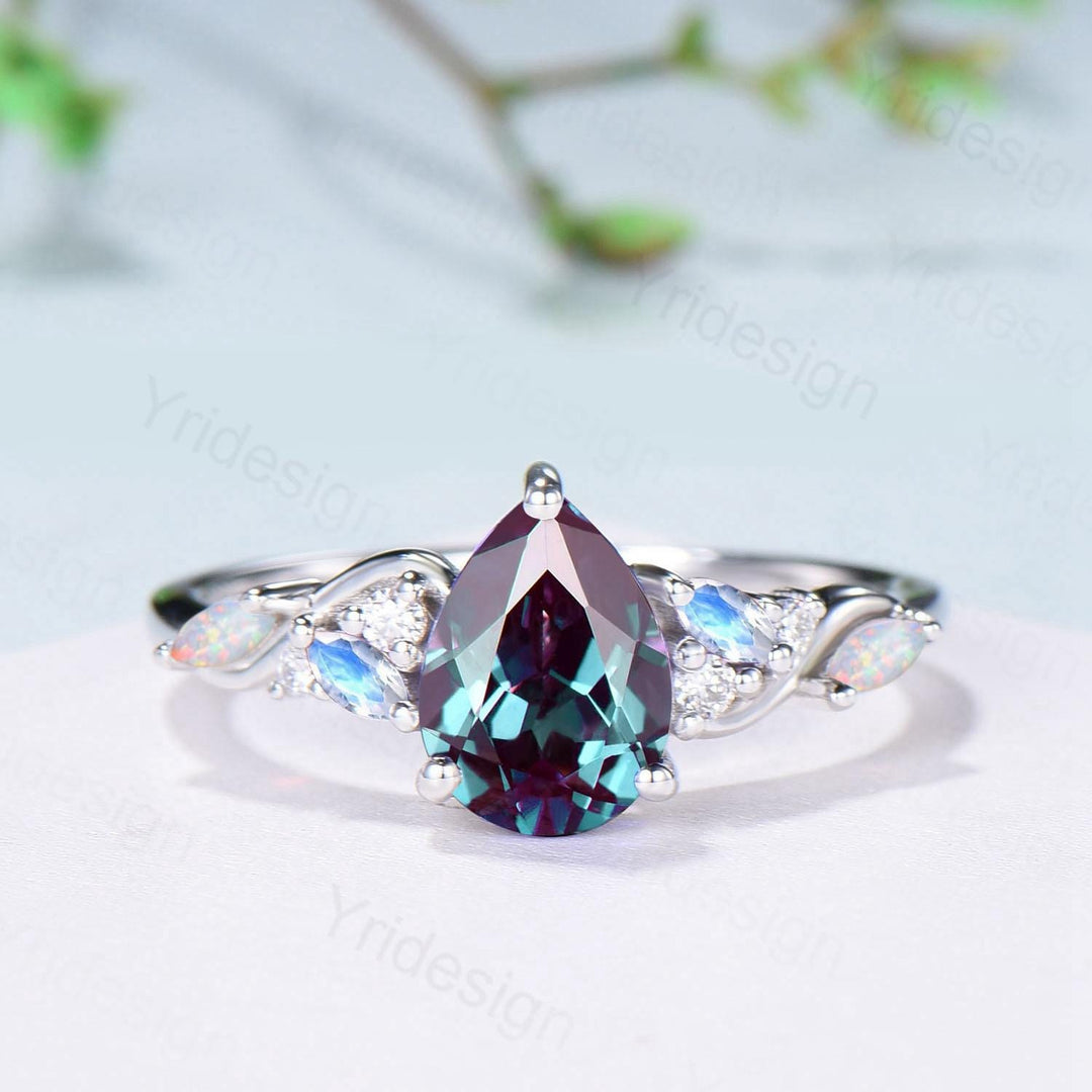 Vintage pear alexandrite engagement ring silver white gold color change stone ring cluster marquise opal moonstone wedding ring bridal gift - PENFINE