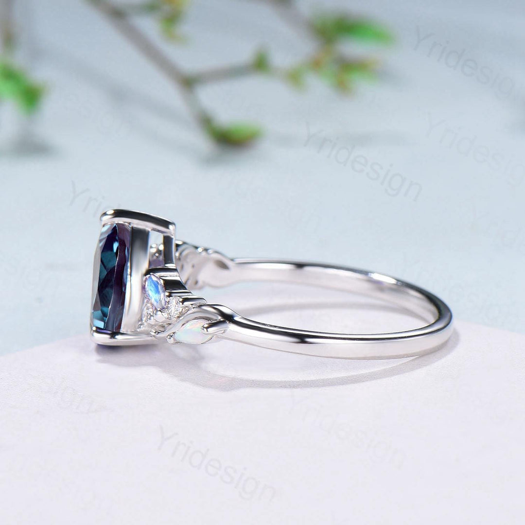 Vintage pear alexandrite engagement ring silver white gold color change stone ring cluster marquise opal moonstone wedding ring bridal gift - PENFINE