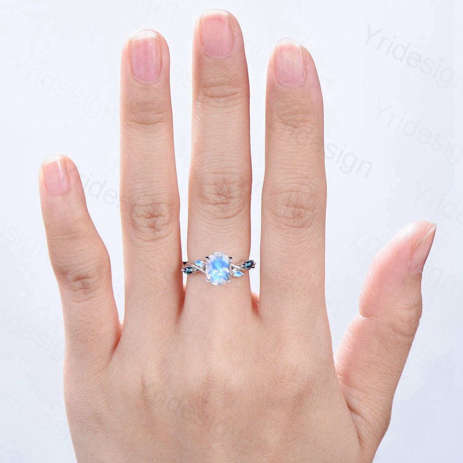 Vintage Oval Natural Moonstone Engagement Ring Split Shank Alexandrite Wedding Ring Women June Birthstone Anniversary Ring Gift for Women - PENFINE