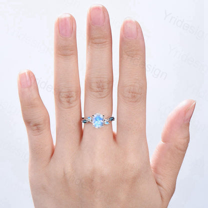 Vintage Oval Natural Moonstone Engagement Ring Split Shank Alexandrite Wedding Ring Women June Birthstone Anniversary Ring Gift for Women - PENFINE