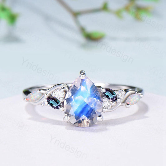 1.25ct Pear Natural Blue Moonstone Engagement Ring Vintage Color-Change Marquise Opal Alexandrite Wedding Ring June Birthstone Promise Gifts - PENFINE