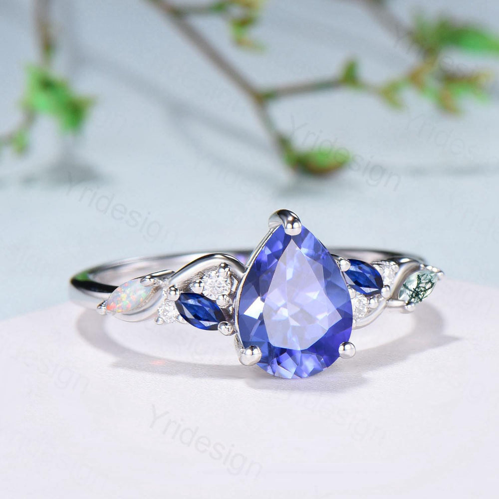 Unique Pear Cut Natural Tanzanite Engagement Ring Cluster Sapphire Opal Wedding Ring Platinum White Gold Handmade Anniversary Proposal Gift - PENFINE