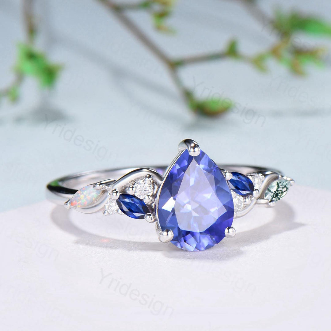 Unique Pear Cut Natural Tanzanite Engagement Ring Cluster Sapphire Opal Wedding Ring Platinum White Gold Handmade Anniversary Proposal Gift - PENFINE