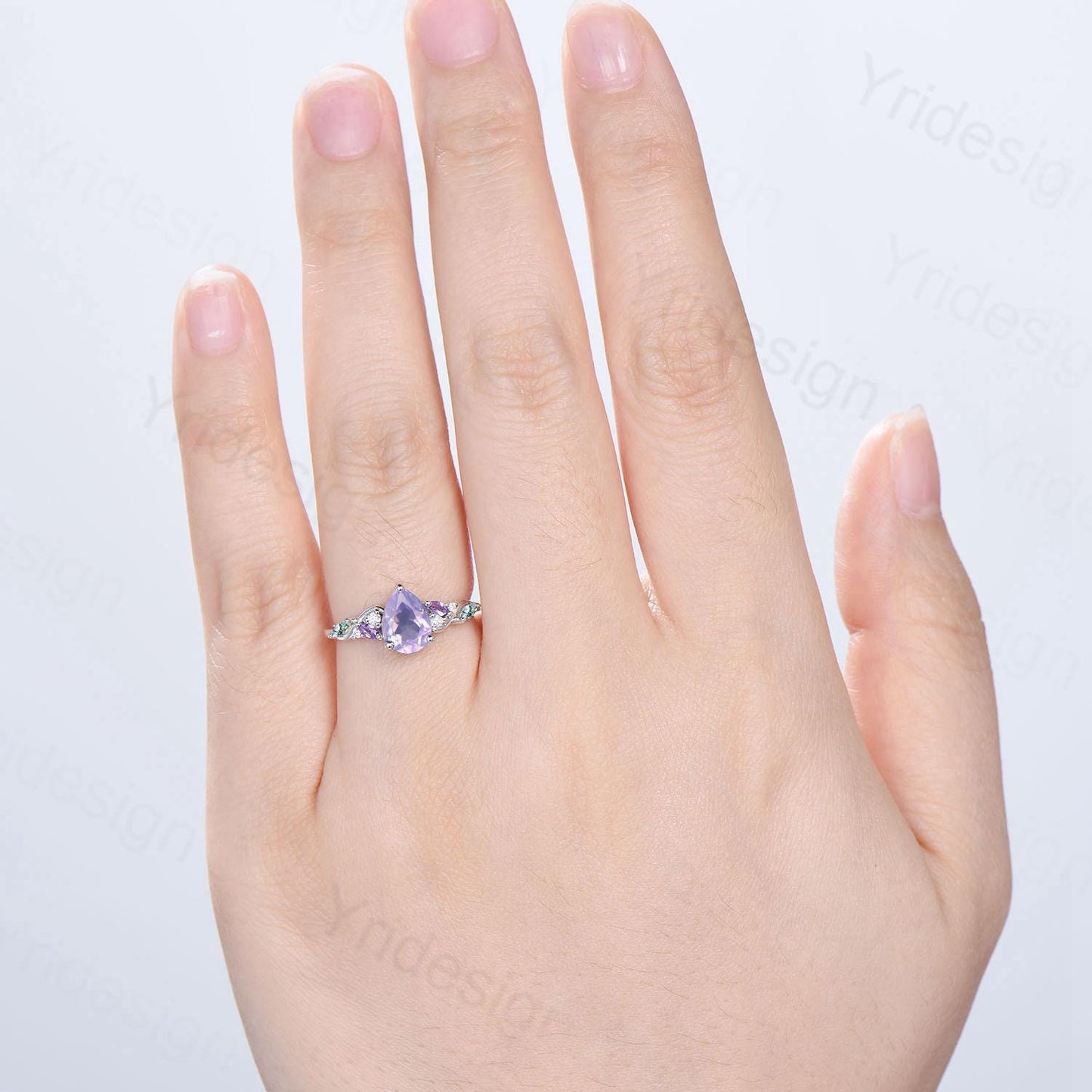 Art Deco Pear Shaped Lavender Amethyst Engagement Ring Split Shank Moss Agate Wedding Ring Vintage Handmade Anniversary Ring Gift for Women - PENFINE