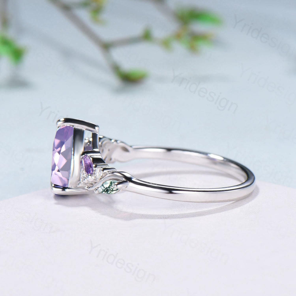 Art Deco Pear Shaped Lavender Amethyst Engagement Ring Split Shank Moss Agate Wedding Ring Vintage Handmade Anniversary Ring Gift for Women - PENFINE