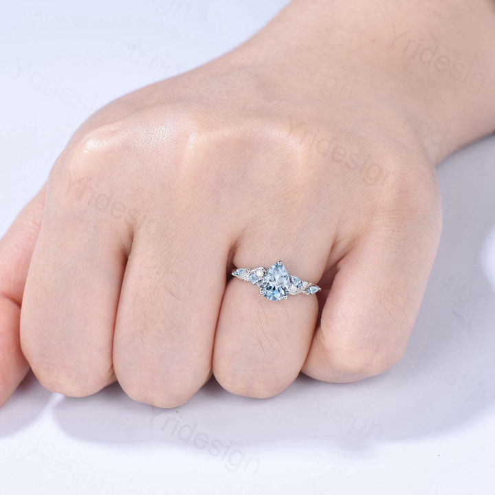1.25ct Pear Natural Aquamarine Engagement Ring Vintage Marquise March Birthstone Wedding Ring Antique Anniversary Promise Ring Jewelry Gifts - PENFINE