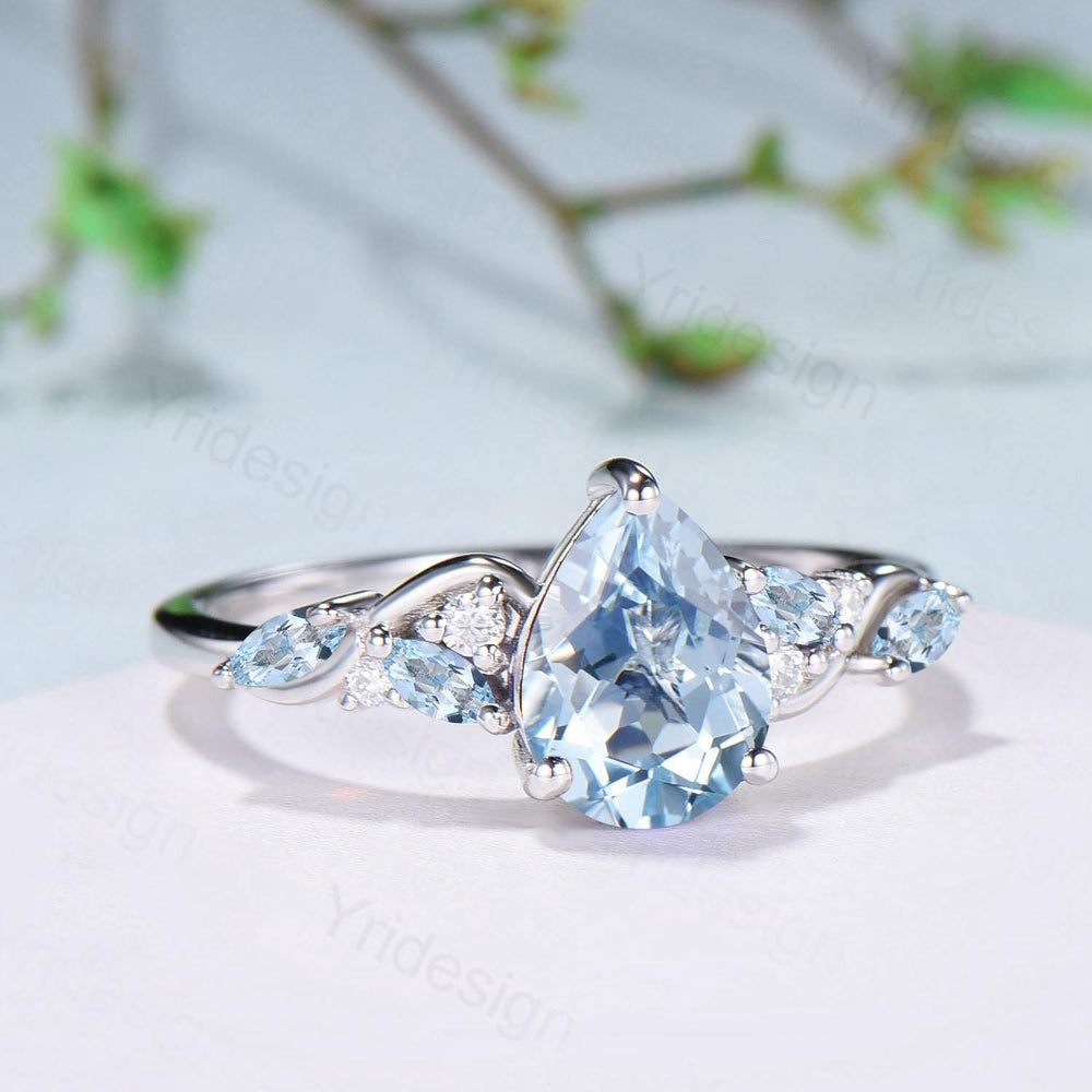 1.25ct Pear Natural Aquamarine Engagement Ring Vintage Marquise March Birthstone Wedding Ring Antique Anniversary Promise Ring Jewelry Gifts - PENFINE