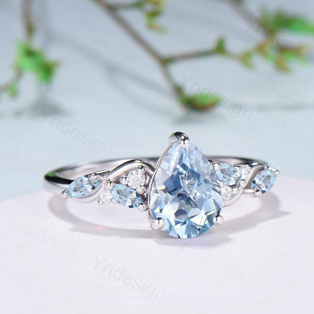 1.25ct Pear Natural Aquamarine Engagement Ring Vintage Marquise March Birthstone Wedding Ring Antique Anniversary Promise Ring Jewelry Gifts - PENFINE