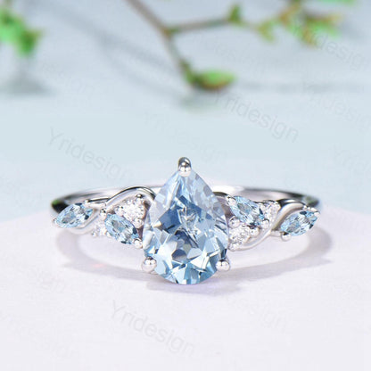 1.25ct Pear Natural Aquamarine Engagement Ring Vintage Marquise March Birthstone Wedding Ring Antique Anniversary Promise Ring Jewelry Gifts - PENFINE