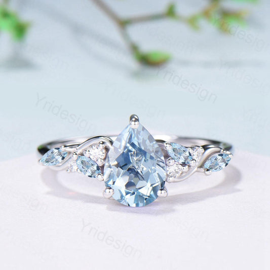 1.25ct Pear Natural Aquamarine Engagement Ring Vintage Marquise March Birthstone Wedding Ring Antique Anniversary Promise Ring Jewelry Gifts - PENFINE