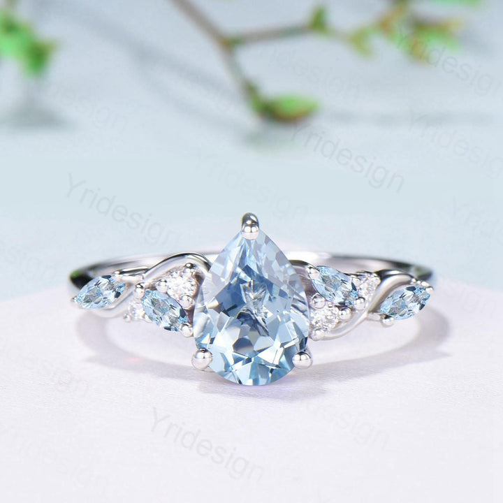 1.25ct Pear Natural Aquamarine Engagement Ring Vintage Marquise March Birthstone Wedding Ring Antique Anniversary Promise Ring Jewelry Gifts - PENFINE