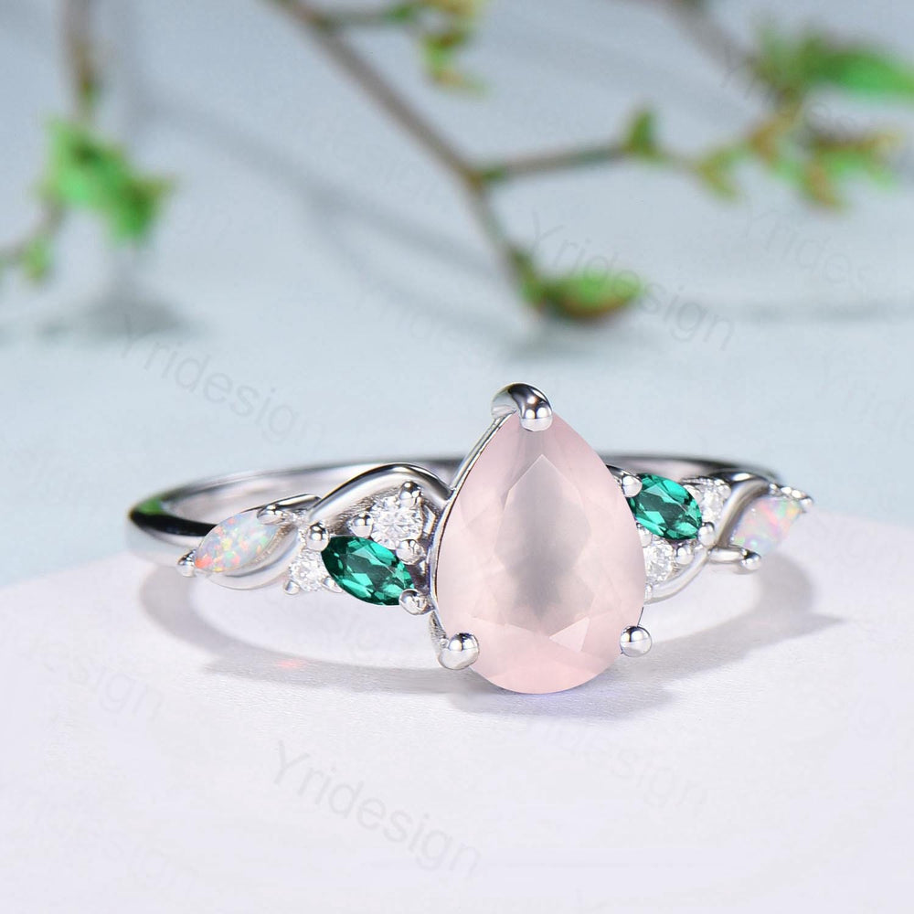 1.25ct Pear Natural Rose Quartz Engagement Ring Vintage Pink Quartz Marquise Opal Emerald Wedding Ring Handmade Anniversary Promise Gifts - PENFINE