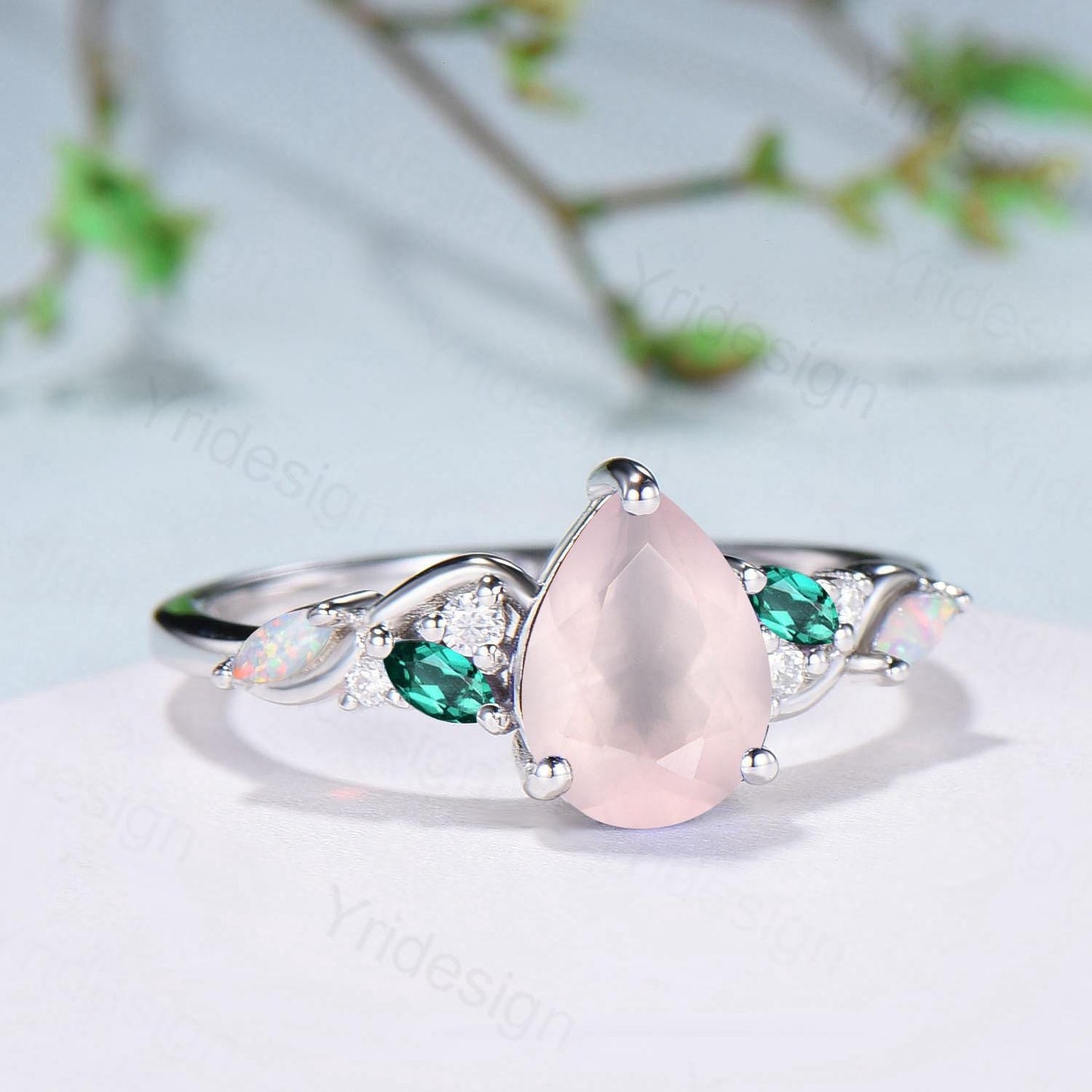 1.25ct Pear Natural Rose Quartz Engagement Ring Vintage Pink Quartz Marquise Opal Emerald Wedding Ring Handmade Anniversary Promise Gifts - PENFINE