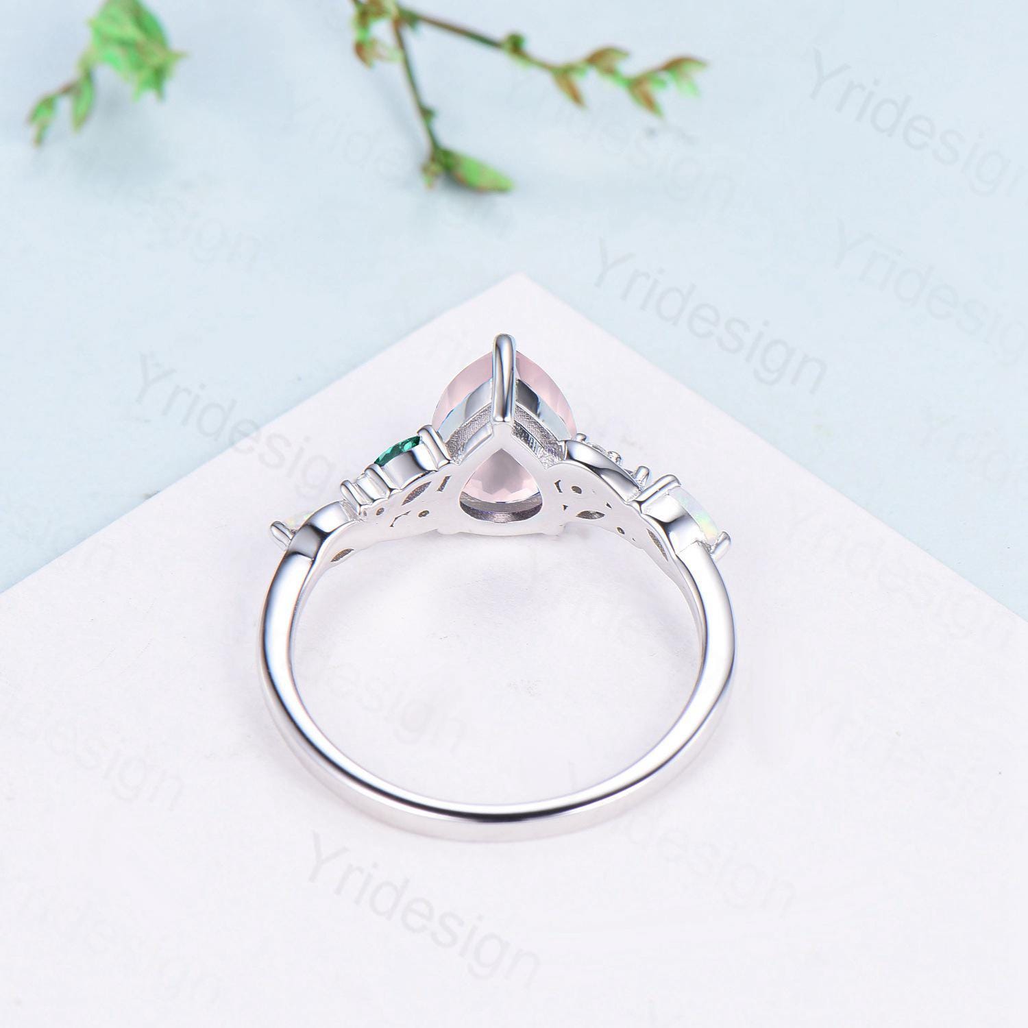 1.25ct Pear Natural Rose Quartz Engagement Ring Vintage Pink Quartz Marquise Opal Emerald Wedding Ring Handmade Anniversary Promise Gifts - PENFINE