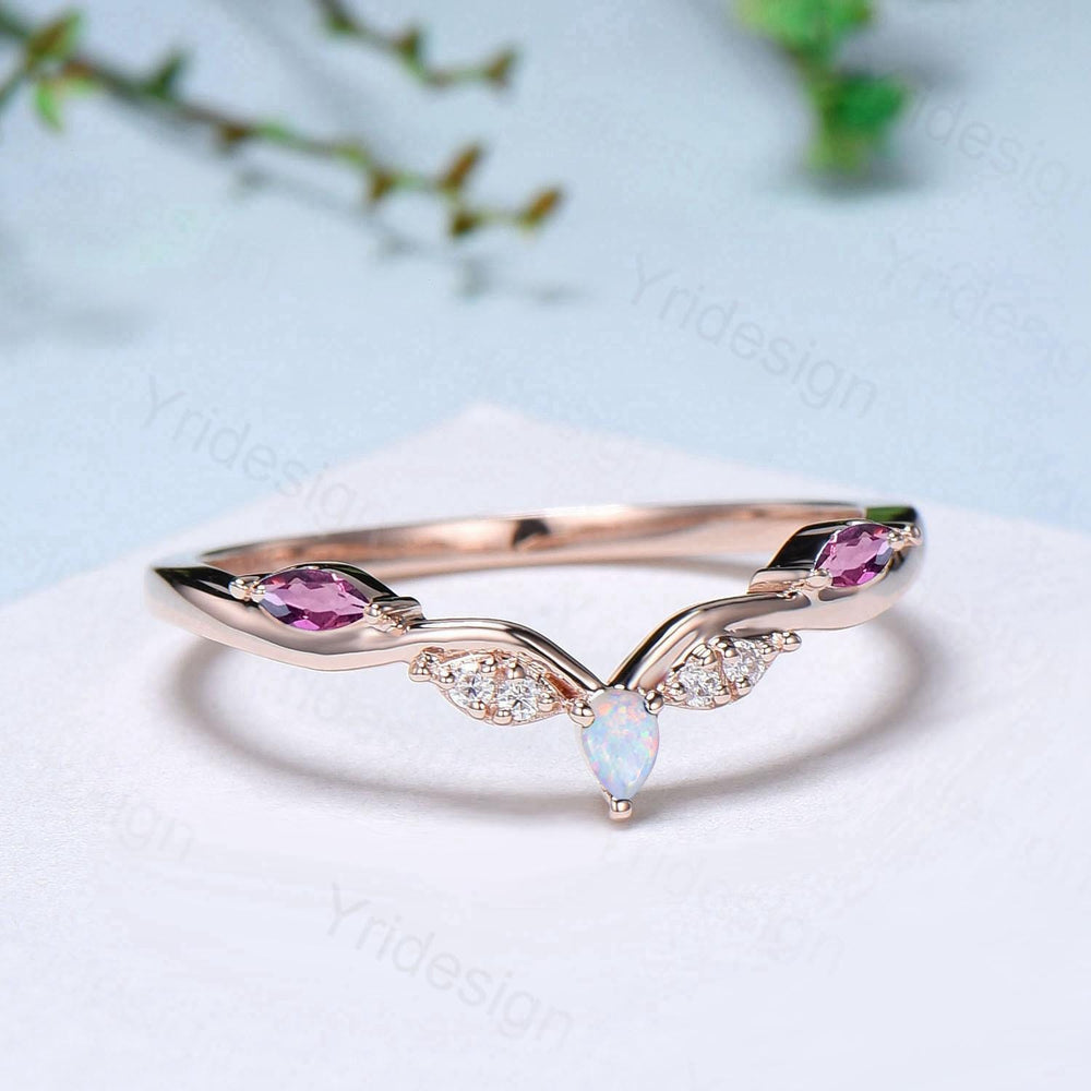 Vintage Marquise Cut Fire Opal Amethyst Wedding Band Women Unique Teardrop White Opal Stackable Ring Elegant Matching Band Anniversary Gift - PENFINE