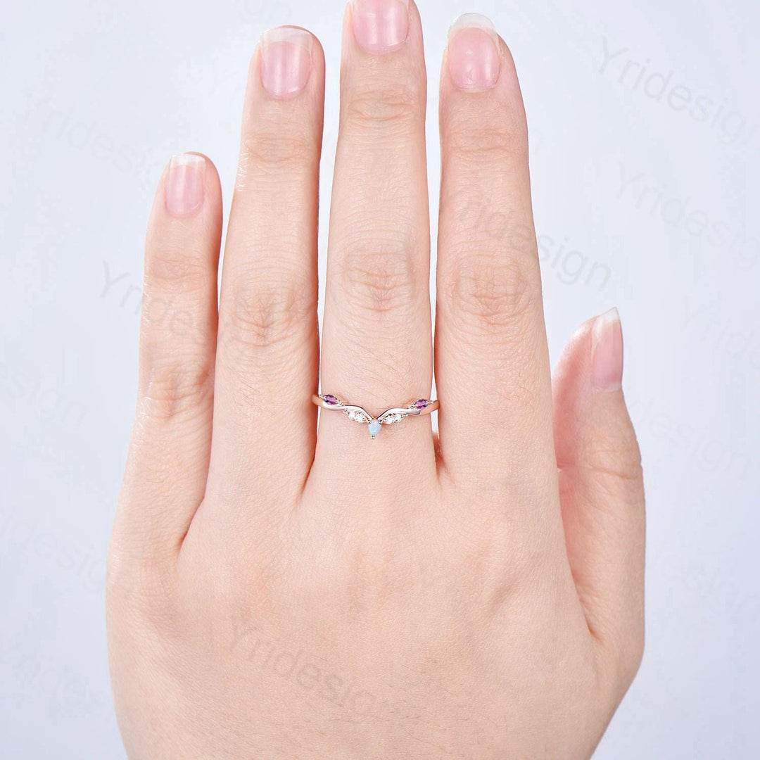 Vintage Marquise Cut Fire Opal Amethyst Wedding Band Women Unique Teardrop White Opal Stackable Ring Elegant Matching Band Anniversary Gift - PENFINE