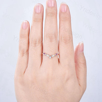 Vintage Marquise Cut Fire Opal Amethyst Wedding Band Women Unique Teardrop White Opal Stackable Ring Elegant Matching Band Anniversary Gift - PENFINE