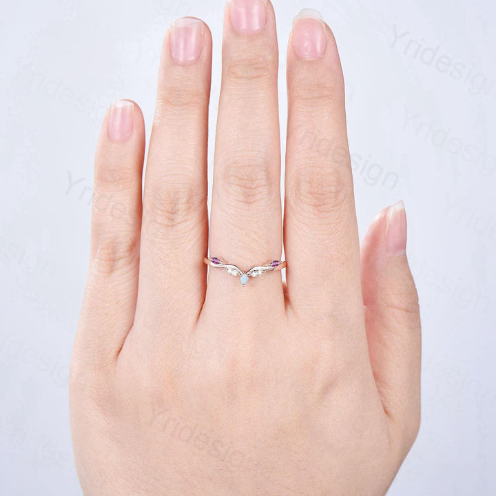 Vintage Marquise Cut Fire Opal Amethyst Wedding Band Women Unique Teardrop White Opal Stackable Ring Elegant Matching Band Anniversary Gift - PENFINE