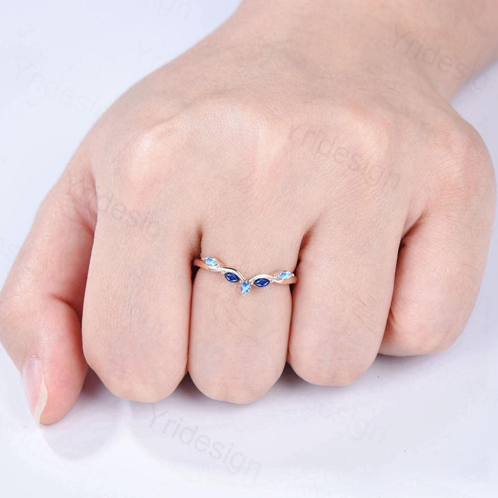 Vintage Curved Moonstone Sapphire Wedding Band Marquise Cut Blue Stone wedding Ring Unique Stacking Matching Bridal ring Anniversary band - PENFINE