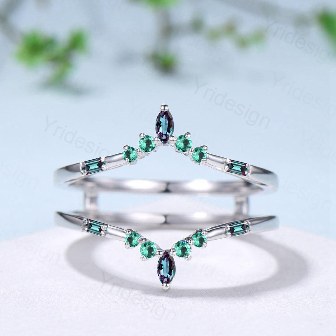 Double Curved Alexandrite Emerald Wedding Band Sterling Silver Contour Enhancer Stacking Marquise Baguette Matching Band Anniversary Gifts - PENFINE