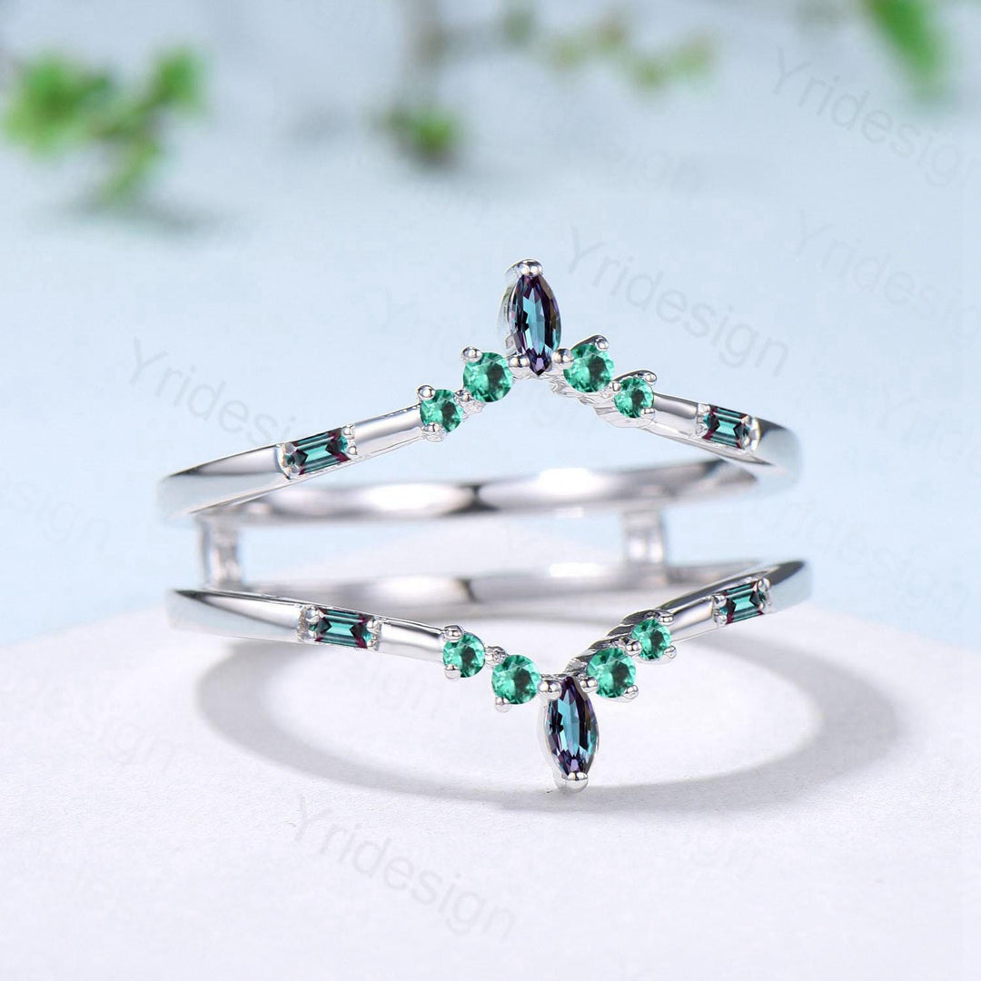 Double Curved Alexandrite Emerald Wedding Band Sterling Silver Contour Enhancer Stacking Marquise Baguette Matching Band Anniversary Gifts - PENFINE