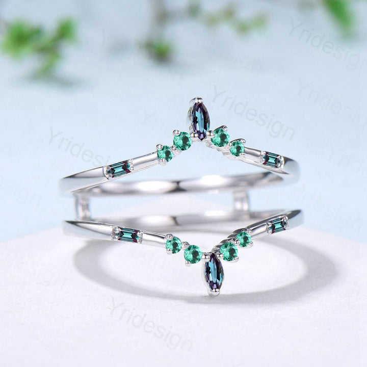 Double Curved Alexandrite Emerald Wedding Band Sterling Silver Contour Enhancer Stacking Marquise Baguette Matching Band Anniversary Gifts - PENFINE