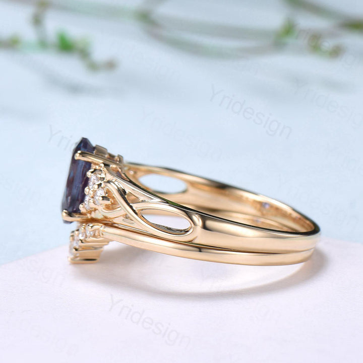 Celtic Love Natural Oval Tanzanite Engagement Ring Set Vintage  18K Yellow Gold Cluster Diamond Art Deco Wedding Ring Set Anniversary Gifts - PENFINE