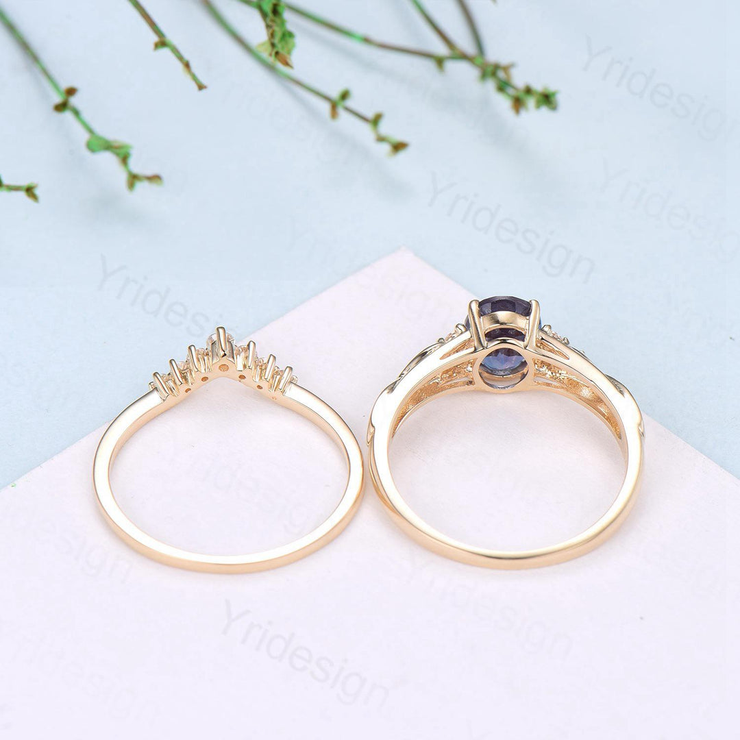 Celtic Love Natural Oval Tanzanite Engagement Ring Set Vintage  18K Yellow Gold Cluster Diamond Art Deco Wedding Ring Set Anniversary Gifts - PENFINE