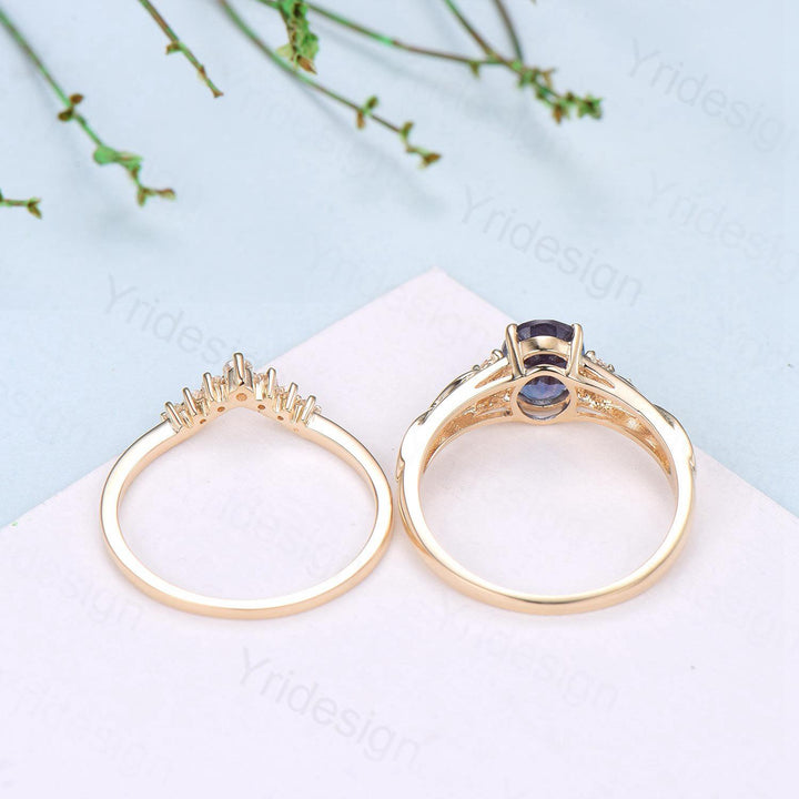 Celtic Love Natural Oval Tanzanite Engagement Ring Set Vintage  18K Yellow Gold Cluster Diamond Art Deco Wedding Ring Set Anniversary Gifts - PENFINE