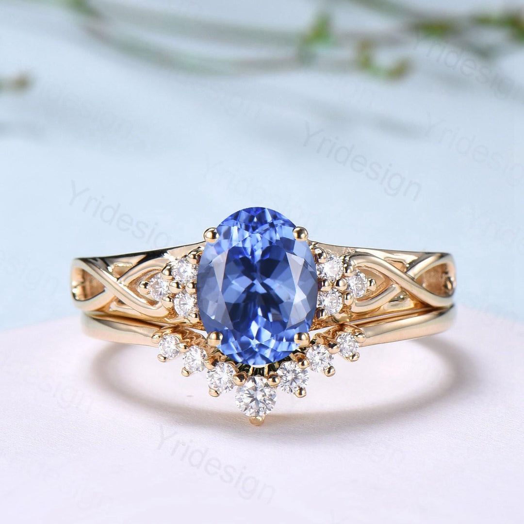 Celtic Love Natural Oval Tanzanite Engagement Ring Set Vintage  18K Yellow Gold Cluster Diamond Art Deco Wedding Ring Set Anniversary Gifts - PENFINE