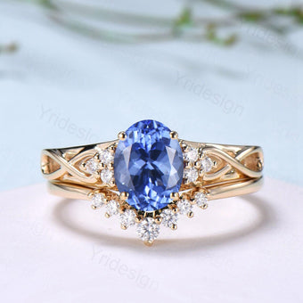 Celtic Love Natural Oval Tanzanite Engagement Ring Set Vintage  18K Yellow Gold Cluster Diamond Art Deco Wedding Ring Set Anniversary Gifts - PENFINE