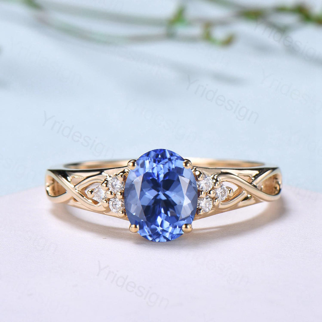 Celtic Love Natural Oval Tanzanite Engagement Ring Set Vintage  18K Yellow Gold Cluster Diamond Art Deco Wedding Ring Set Anniversary Gifts - PENFINE