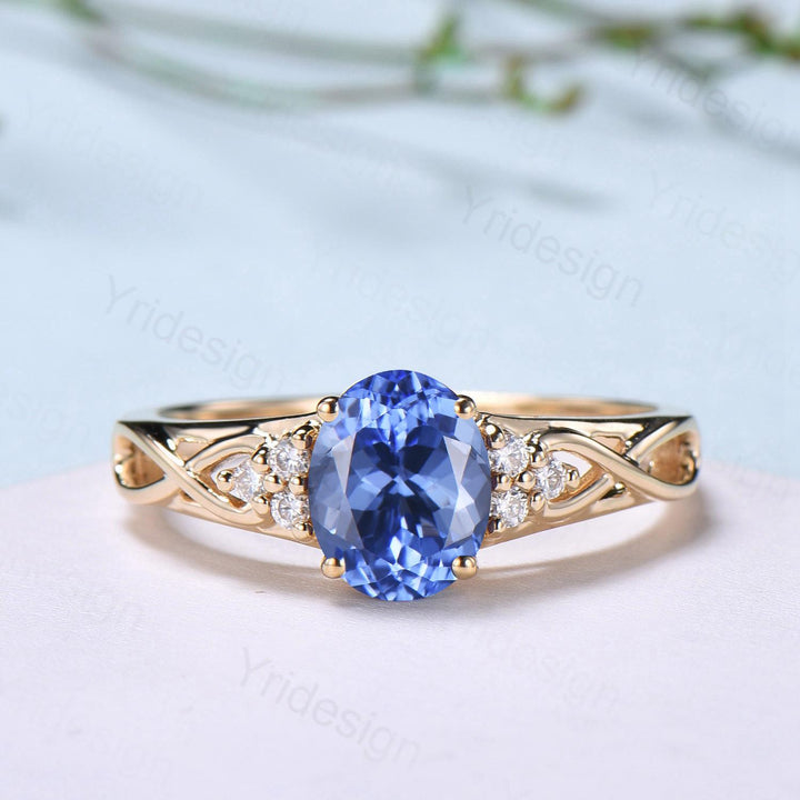 Celtic Love Natural Oval Tanzanite Engagement Ring Set Vintage  18K Yellow Gold Cluster Diamond Art Deco Wedding Ring Set Anniversary Gifts - PENFINE