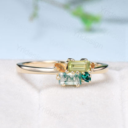 Unique Baguette Moss Agate Peridot Wedding Ring Multi Stone Citrine Emerald Wedding Band Stacking Promise Ring Anniversary Gift For Daughter - PENFINE
