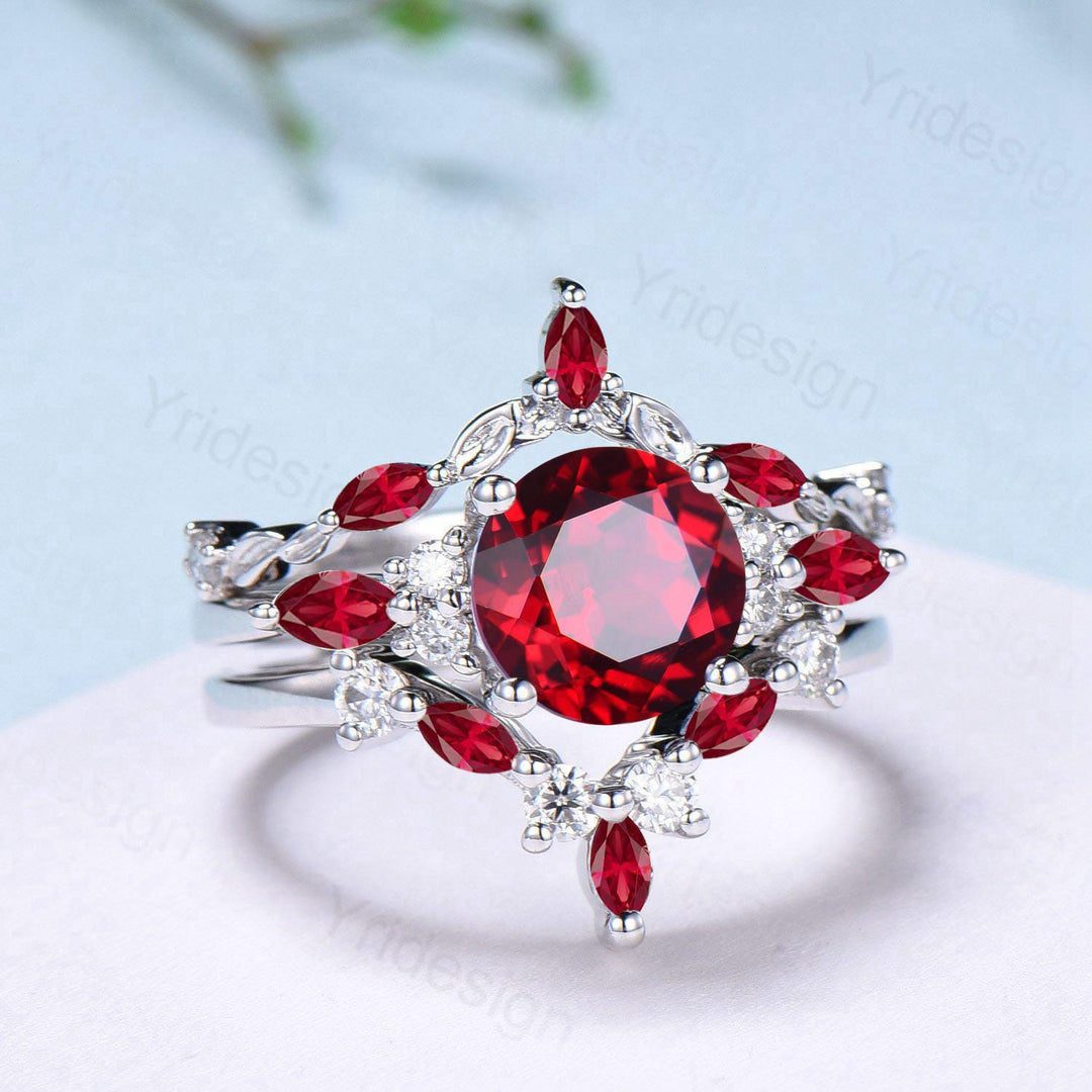 Vintage red ruby engagement ring set 3pcs white gold ruby moissanite wedding set Art deco leaf stacking band bridal promise ring set women - PENFINE