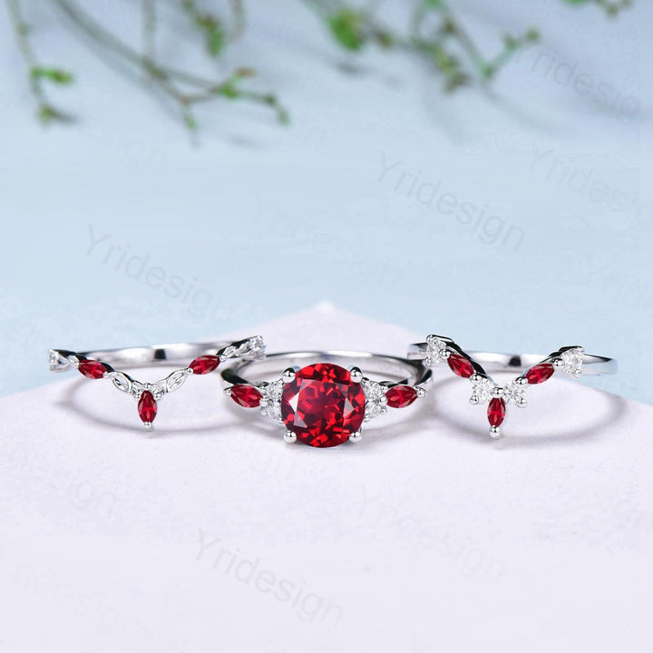 Vintage red ruby engagement ring set 3pcs white gold ruby moissanite wedding set Art deco leaf stacking band bridal promise ring set women - PENFINE