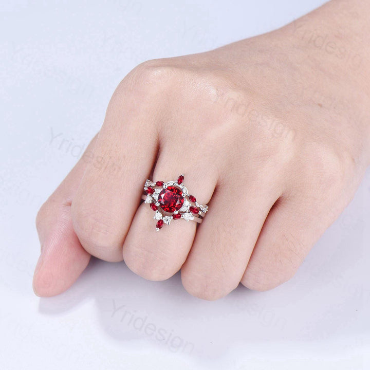 Vintage red ruby engagement ring set 3pcs white gold ruby moissanite wedding set Art deco leaf stacking band bridal promise ring set women - PENFINE
