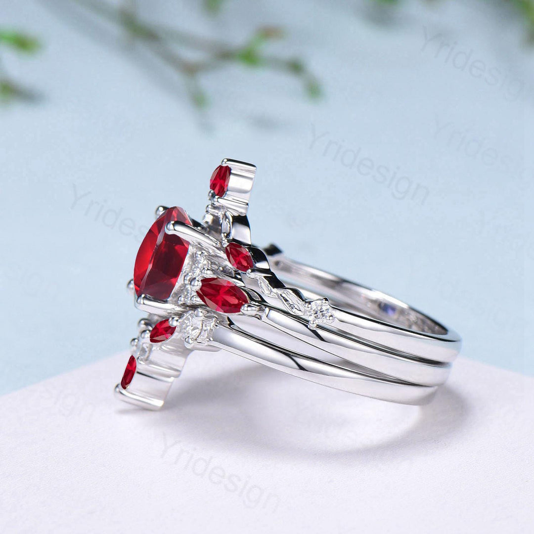 Vintage red ruby engagement ring set 3pcs white gold ruby moissanite wedding set Art deco leaf stacking band bridal promise ring set women - PENFINE