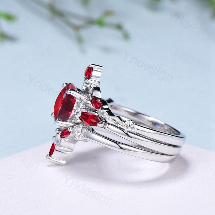 Vintage red ruby engagement ring set 3pcs white gold ruby moissanite wedding set Art deco leaf stacking band bridal promise ring set women - PENFINE