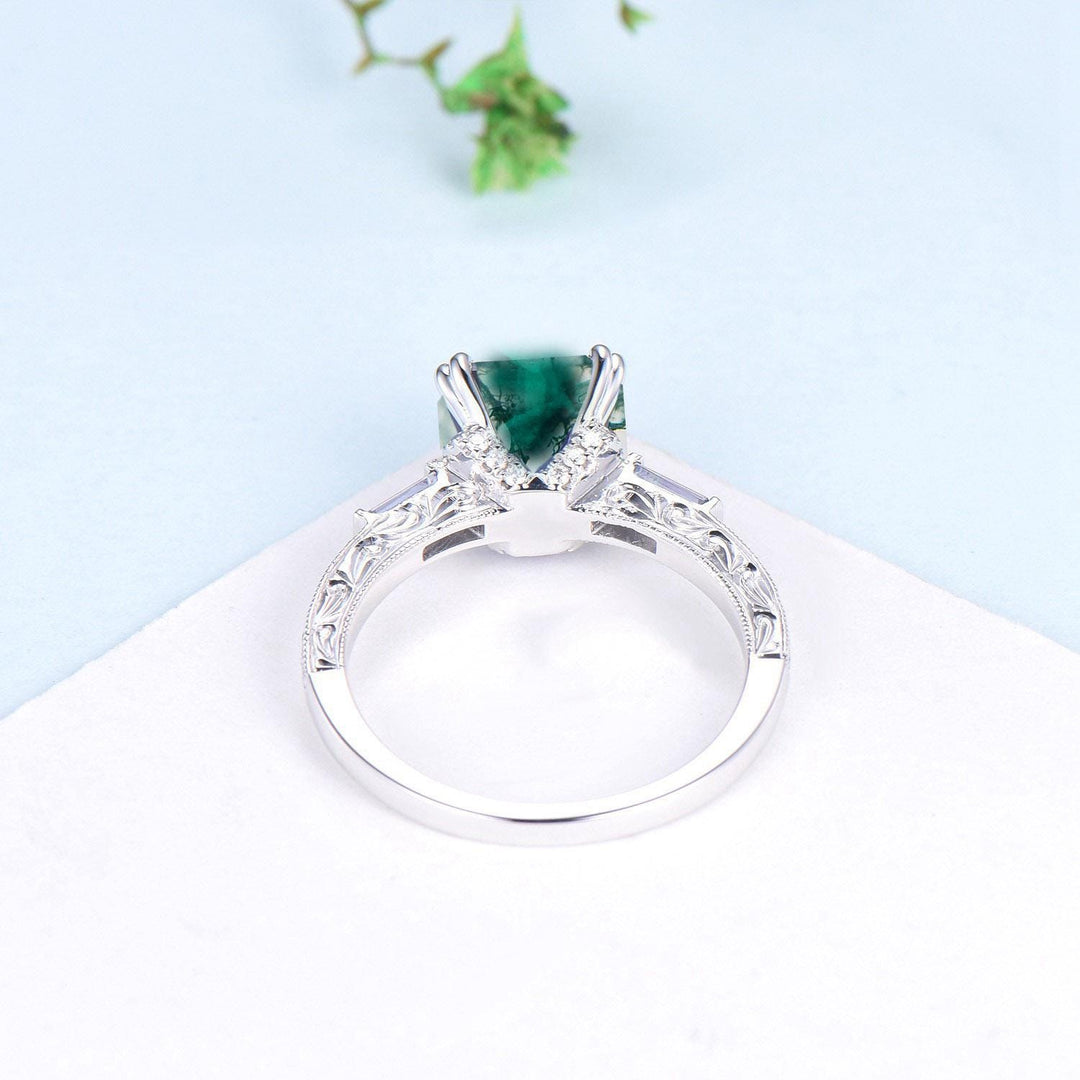 Vintage asscher cut emerald engagement ring hidden halo diamond moss agate basket setting eight prongs wedding ring anniversary promise ring - PENFINE