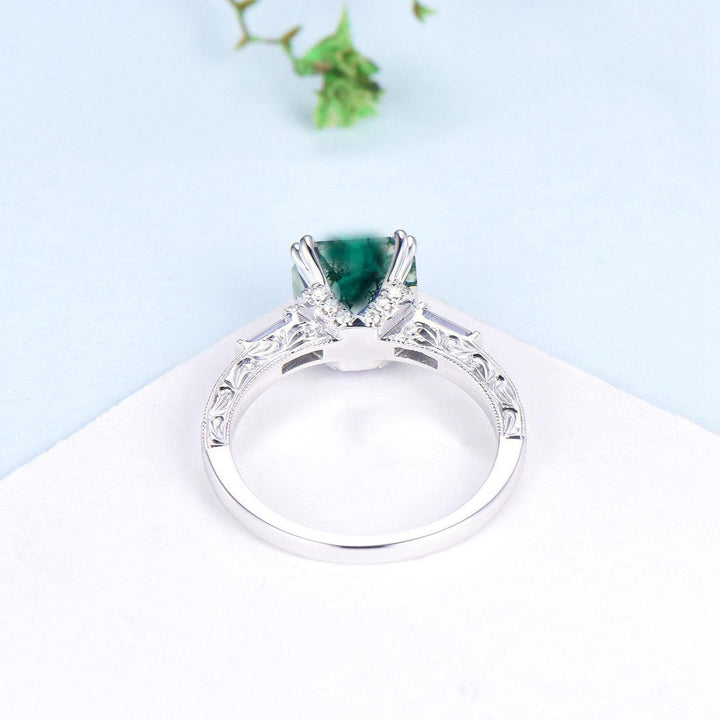 Vintage asscher cut emerald engagement ring hidden halo diamond moss agate basket setting eight prongs wedding ring anniversary promise ring - PENFINE