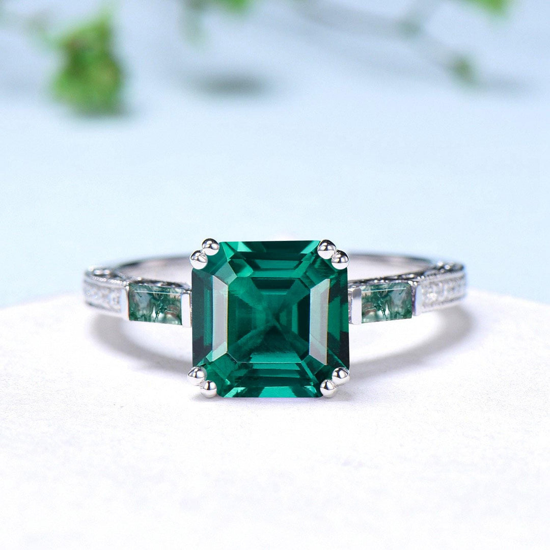 Vintage asscher cut emerald engagement ring hidden halo diamond moss agate basket setting eight prongs wedding ring anniversary promise ring - PENFINE