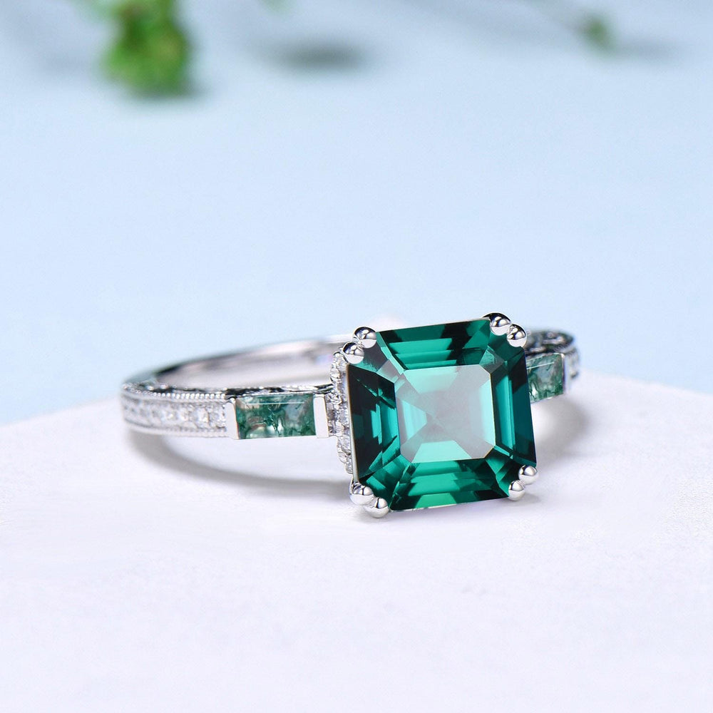 Vintage asscher cut emerald engagement ring hidden halo diamond moss agate basket setting eight prongs wedding ring anniversary promise ring - PENFINE