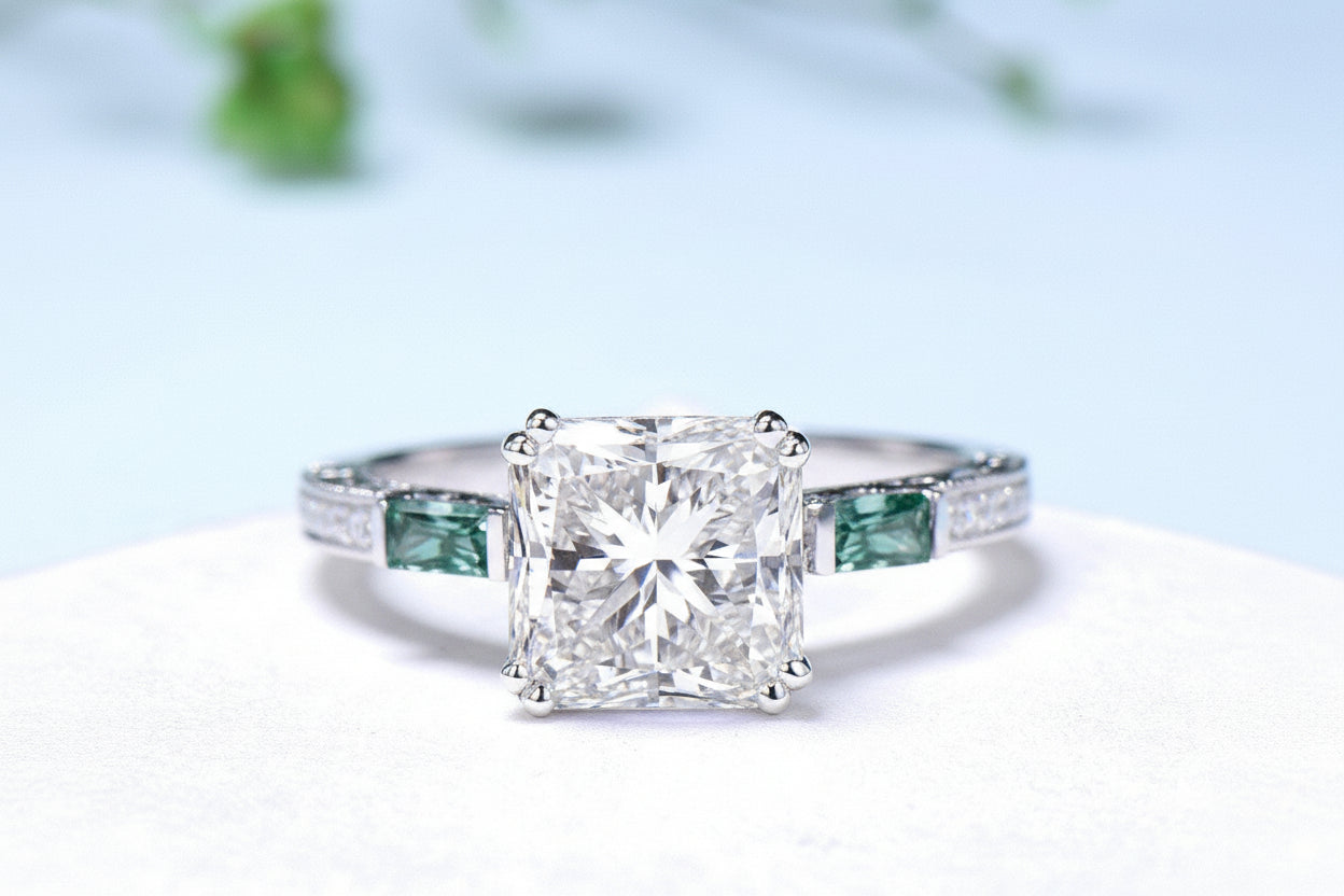 Hidden halo princess cut diamond engagement ring hidden halo moss agate diamond  basket setting wedding ring IGI certificate diamond jewelry - PENFINE