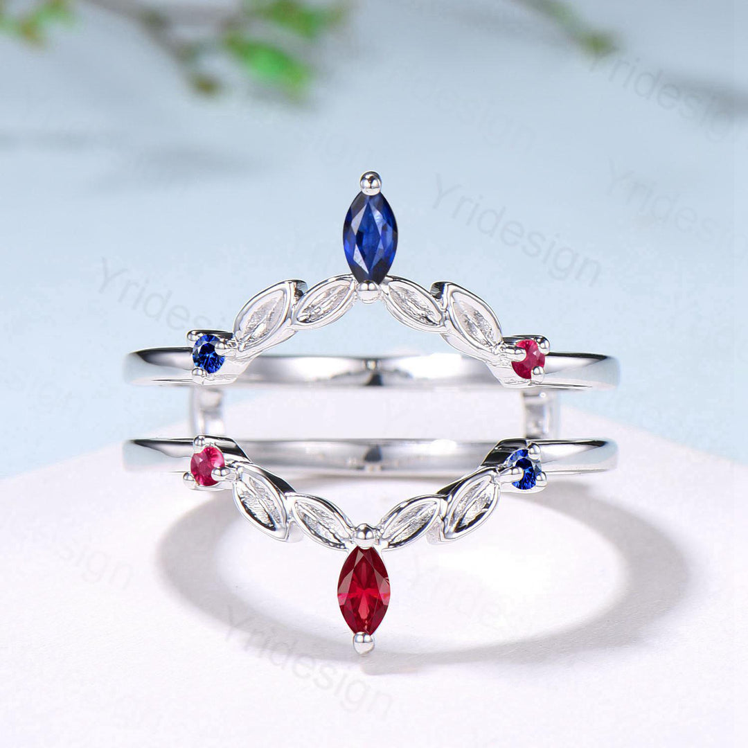 Vintage Sapphire Ruby Wedding Band Ring Ladies Blue Sapphire Wedding Ring Curved Enhancer Stacking Bridal Matching Ring Anniversary Gift - PENFINE