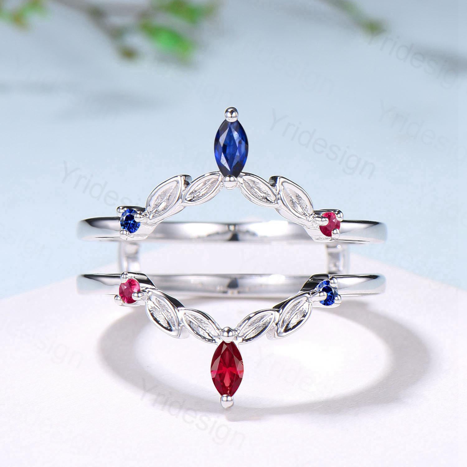 Vintage Sapphire Ruby Wedding Band Ring Ladies Blue Sapphire Wedding Ring Curved Enhancer Stacking Bridal Matching Ring Anniversary Gift - PENFINE