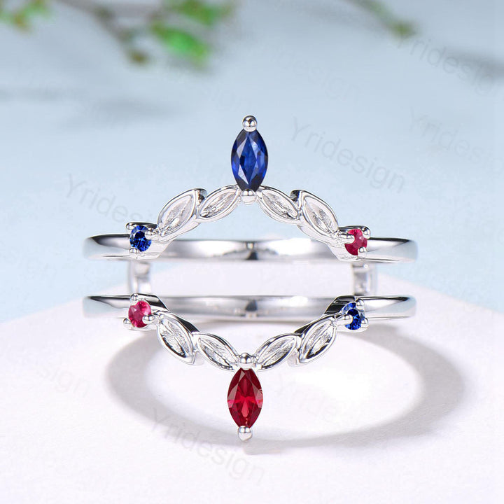 Vintage Sapphire Ruby Wedding Band Ring Ladies Blue Sapphire Wedding Ring Curved Enhancer Stacking Bridal Matching Ring Anniversary Gift - PENFINE