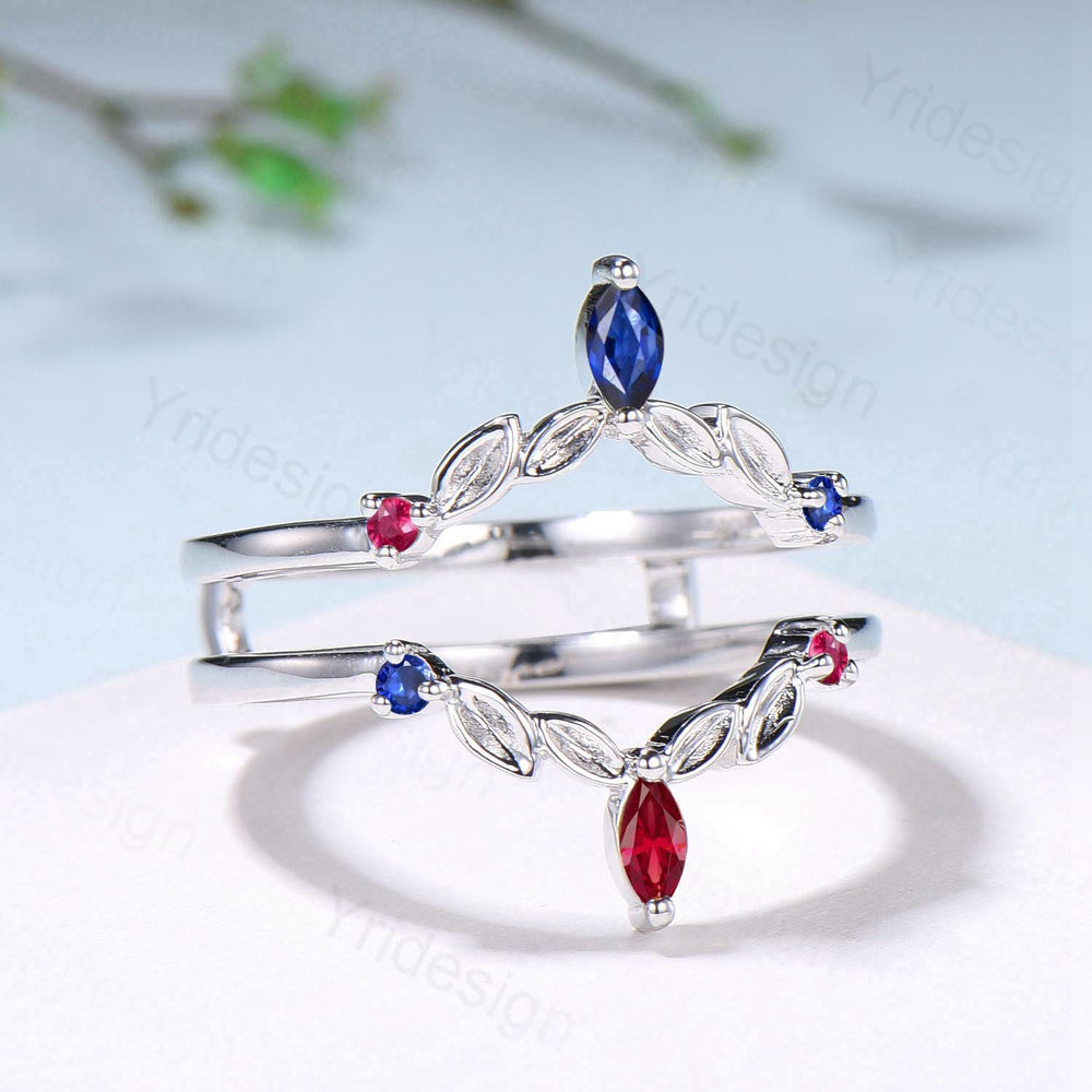 Vintage Sapphire Ruby Wedding Band Ring Ladies Blue Sapphire Wedding Ring Curved Enhancer Stacking Bridal Matching Ring Anniversary Gift - PENFINE
