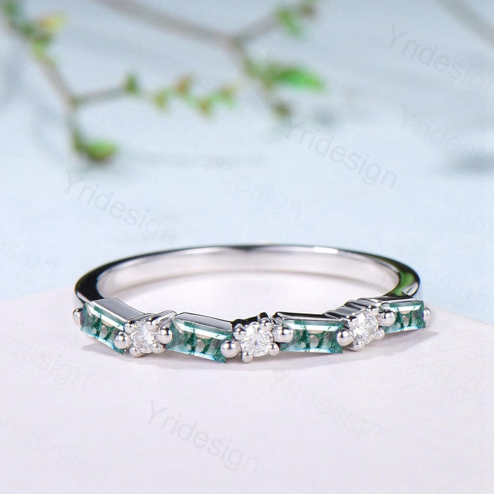 Vintage Baguette Cut Moss Agate Wedding Band Women Unique Natural Agate Stackable Ring Half Eternity Matching Band Promise Anniversary Gift - PENFINE