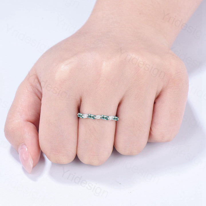 Vintage Baguette Cut Moss Agate Wedding Band Women Unique Natural Agate Stackable Ring Half Eternity Matching Band Promise Anniversary Gift - PENFINE